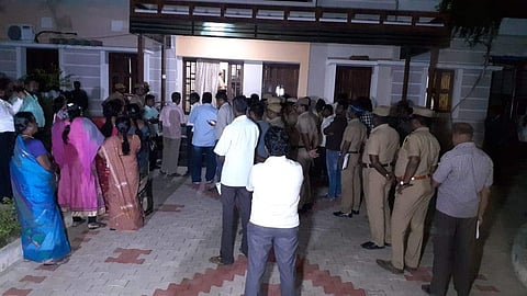 Police and relatives of murdered former Tirunelveli mayor M Uma Maheswari gather infront of her residence. (Photo | EPS)