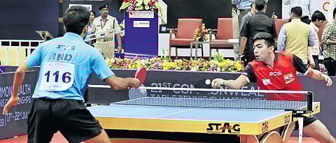 Harmeet Desai (right) defeated G Sathiyan in the men’s singles final at the 21st Commonwealth Table Tennis Championship in Cuttack on Monday | IRFANA