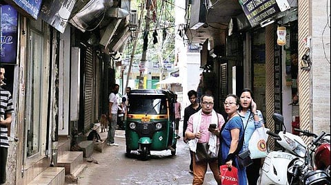 Lanes filled with North-eastern shops and restaurants at Humayunpur, New Delhi | Fatima Rezavi