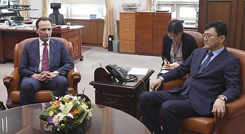 South Korean Deputy Minister for Political Affairs Yoon Soon-gu summoned Acting Russian Ambassador to South Korea Maxim Volkov (left) to protest the countries' military jets entering South Korea's airspace. (Photo | AP)
