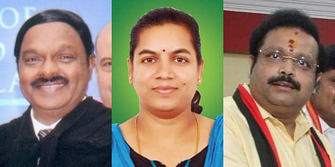 (From L) AC Shanmugam (AIADMK DM) S Deepalakshmi (NTK) Kathir Anand (DMK)