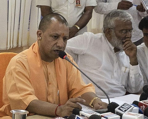Uttar Pradesh CM Yogi Adityanath addressing the media in Sonbhadra. (Photo | PTI)