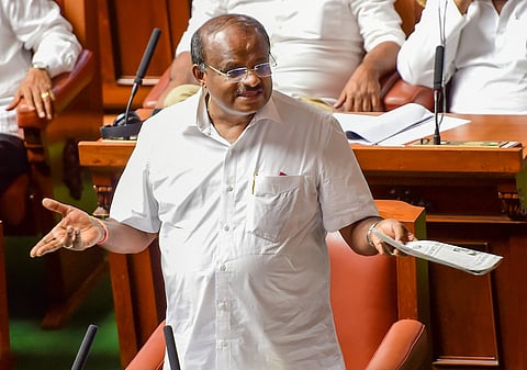 Karnataka Chief Minister HD Kumaraswamy speaks during the vote of confidence in Assembly Session at Vidhana Soudha in Bengaluru Tuesday July 23 2019.  | PTI
