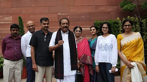 MDMK founder Vaiko with his family on his first day in Rajya Sabha in Parliament house in New Delhi on Thursday. (Photo | Shekhar Yadav, EPS)