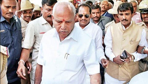 BJP State president B S Yeddyurappa outside his residence at Dollars Colony, in Bengaluru on Wednesday| Express