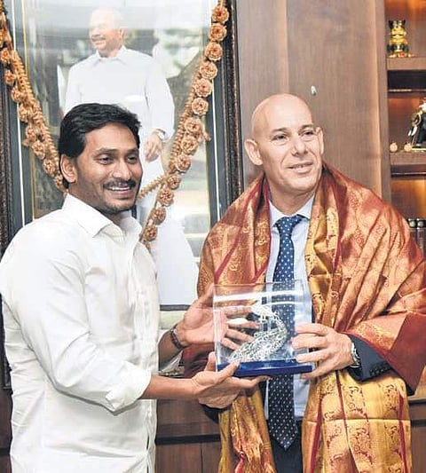 Israel Ambassador to India Ron Malka meets Chief Minister YS Jagan Mohan Reddy at the State Secretariat. I ( Photo | EPS )
