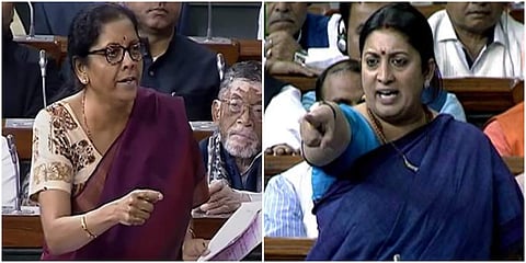 Union ministers Nirmala Sitharaman and Smriti Irani. (LS TV screengrabs)