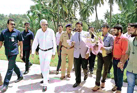 District Collector D Sajith Babu seeing off Sri Lankan Prime Minister Ranil Wickremesinghe at the helipad of a luxury hotel at Udma in Kasaragod  on Saturday | Express