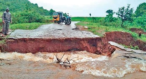 A culvert which was washed away at Karlapodar village in Visakhapatnam agency following heavy rains, snapping road connectivity to many habitations. (Photo | EPS)
