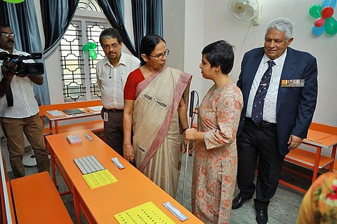 Health Mi0nister K K Shailaja with Tiffany Brar during the inauguration of the pre-school for visually-challenged kids. ( Photo |EPS)