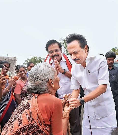 DMK president MK Stalin canvassing for votes in support of party candidate DM Kathir Anand in Vellore on Sunday | express
