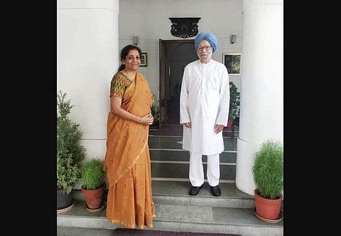 Finance Minister Nirmala Sitharaman met former PM Dr Manmohan Singh at his residence on 2 July 2019. (Photo | ANI)