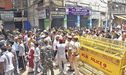 There was heavy police deployment at Chawri Bazar in Old Delhi on Tuesday. Tension had risen in the area after a place of worship was vandalised. (Photo | Parveen Negi)