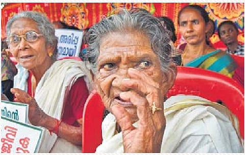 Bhavani Kani, a 105-year-old tribal woman, hailing from Orupara Karikkakam, near Peringamala, during the protest organised by the Joint Action Council and local residents in front of the Secretariat against the proposed waste treatment plant. She has been