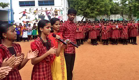 Students participating in the 'good news' morning ritual at Geethanjali All India Senior Secondary School in Erode. (Photo | Chandhini R, EPS)