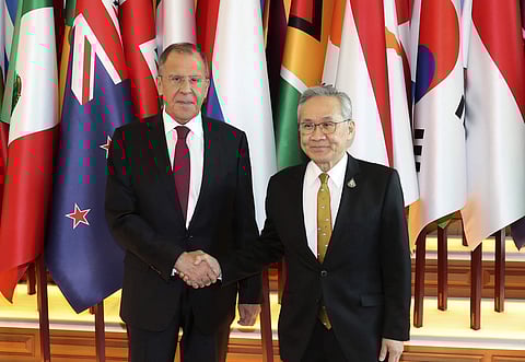 Russian Foreign Minister Sergey Lavrov (L) shakes hand with Thailand Foreign Minister Don Pramudwinai at Foreign Ministry in Bangkok (Photo | AP)