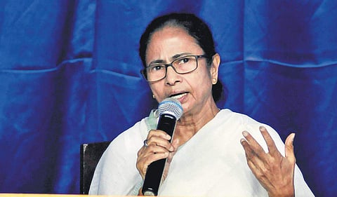 Trinamool supremo Mamata Banerjee addresses the media during the launch of her campaign ‘Didi Ke Bolo’ in Kolkata on Monday | pti