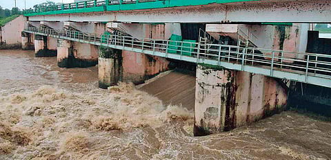 Flood water being discharged from Surlikonda barrage by Potteru irrigation division on Monday | Express