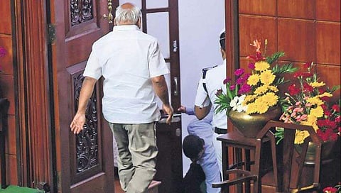 Assembly Speaker K R Ramesh Kumar leaves the House after handing over his resignation, in Bengaluru on Monday | VINOD KUMAR