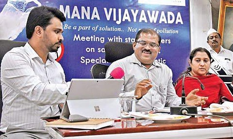 Krishna Collector MD Imtiaz and VMC Commissioner V Prasanna Venkatesh during an awareness meeting on plastic in Vijayawada on Tuesday | P Ravindra Babu