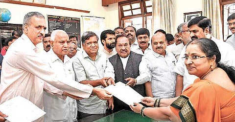 BJP MLA Vishveshwara Hegde Kageri filing his papers for the Speaker’s post