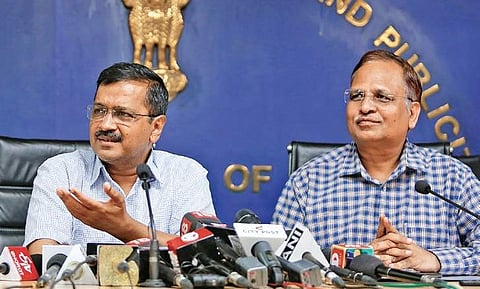 CM Arvind Kejriwal and Health Minister Satyendar Jain brief the media about the Cabinet’s decisions at a press conference on Tuesday | Arun Kumar