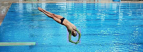 An aspiring student during sports trials in the diving category for admission to Delhi University under the sports quota in New Delhi. (Photo | Naveen Kumar)