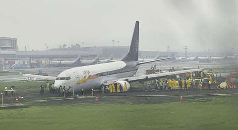 A SpiceJet plane from Jaipur overshot the runway while landing at Mumbai airport amid heavy rain on Monday in Mumbai (File | PTI)