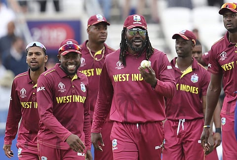 Chris Gayle celebrates with West Indies teammates. (Photo | AP)