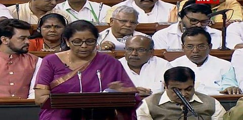 Finance Minister Nirmala Sitharaman presents her maiden budget in the Lok Sabha on 5 July 2019. (Photo | LS TV screengrab)