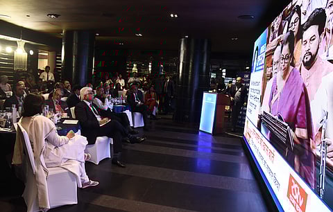 Industrialist Rakesh Bharti Mittal Naresh Trehan and others watch the live telecast of Finance Minister Nirmala Sitharaman tabling the Union Budget 2019-20 in New Delhi. (Photo | Parveen Negi, EPS)