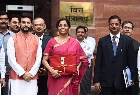 Finance Minister Nirmala Sitharaman with her team members on her way to present the Finance Budget at North Block in New Delhi on 5 July 2019 (Photo | Parveen Negi, EPS)