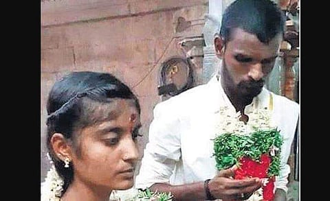 Solairaj and Jothi on the day of their marriage in April | Express