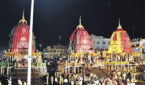 The three chariots parked outside Gundicha Temple in Puri on Friday. ( Photo| EPS)