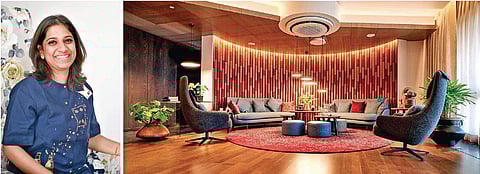 (Clockwise from top) Rashi Bajaj; a private residency in Pune; an executive dining space in one of the hotels; weavers in the factory