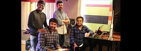 Director Atlee with lyricist Vivek, Actor Vijay and music director AR Rahman. (Photo | Twitter)