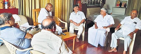 Water Resources Minister D K Shivakumar meets JDS supremo H D Deve Gowda on Sunday. PWD minister HD Revanna, Transport minister D C Thammanna and JDS Rajya Sabha MP Kupendra Reddy along with newly-appointed state president H K Kumaraswamy were part of the