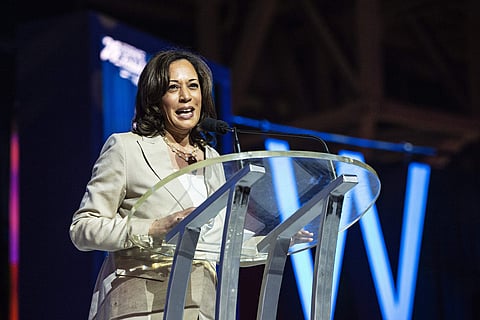 This combination photo shows Republican presidential nominee former President Donald Trump at an event, Aug. 15, 2024, in Bedminster, N.J., left, and Democratic presidential nominee Vice President Kamala Harris at a campaign event in Raleigh, N.C., Aug. 16, 2024. 