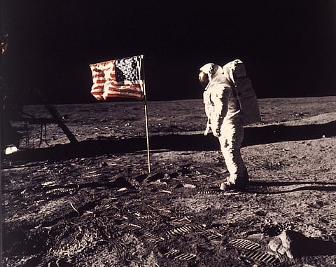 In this image provided by NASA, astronaut Buzz Aldrin poses for a photograph beside the US flag deployed on the moon during the Apollo 11 mission on July 20, 1969. (Photo | AP)