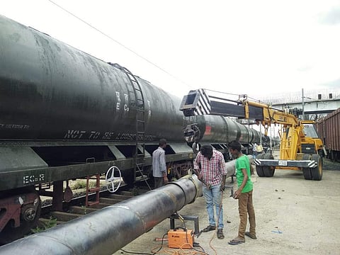 Work is under full swing to send Cauvery river water to Chennai by train from Jolarpet railway station in Vellore district, Tamil Nadu. (Photo | S Dinesh, EPS)
