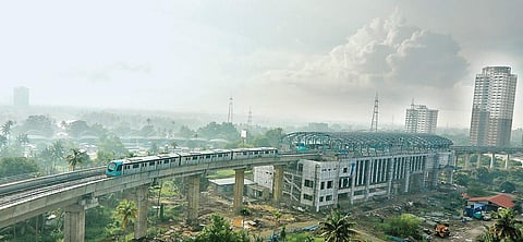 A Metro train enters the yet-to-be-completed Vyttila station en route to Thykoodam on Wednesday during the trial run from Maharaja’s ground station  | ARUN ANGELA