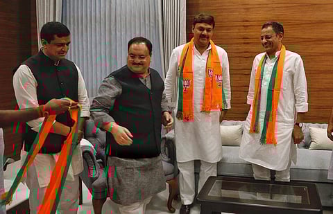 Samajwadi Party MPs Surender Sing  Nagar and Sanjay Seth join BJP in the presence of BJP working President JP Nadda at BJP HQ in New Delhi on saturday. | ( Photo | EPS_Arun Kumar )