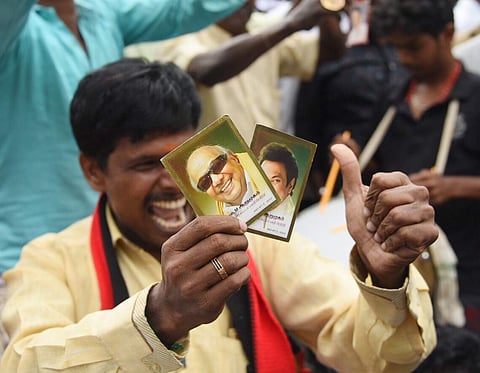 Members of DMK were in jubliant mood after the results of Vellore parliment election results came out on Friday afternoon. | (R Satish Babu | EPS)