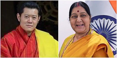(Left) Bhutanese King Jigme Khesar Namgyel Wangchuck (Right) Late former External Affairs Minister of India, Sushma Swaraj (Photos | Instagram, PTI)