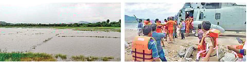 Submerged paddy fields (Photo |EPS) in Srikakulam; fishermen stranded in the Godavari floodwater at Polavaram cofferdam being rescued by Navy and NDRF teams in West Godavari district on Friday | Express