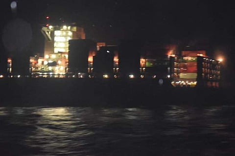 MV APL LE HARVE with 26 crew members had left Karachi harbour and was on way to Nhava Sheva near Mumbai when it reported fire about 40 nautical miles south-west of Porbandar. (Photo PRO Defence Gujarat Twitter)