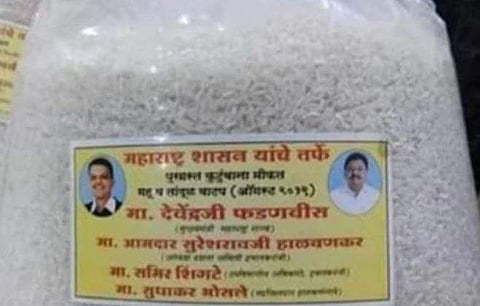 Pictures of Fadnavis and BJP MLA Suresh Halvankar were affixed on relief material being supplied (Photo | Twitter)