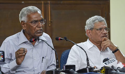 CPI General Secretary D Raja addresses a press conference as CPI M General Secretary Sitaram Yechury looks on in New Delhi on Aug 9 2019. (Photo | PTI)
