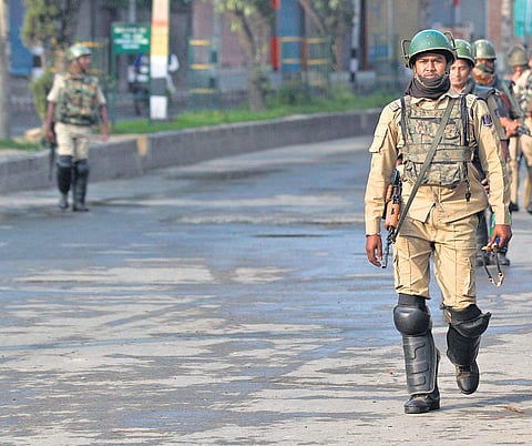 Indian paramilitary soldiers patrol during curfew in Srinagar (File photo | AP)