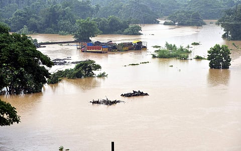 Bastikatte road in Bantwal submerged in flood water on Saturday. | (Rajesh Shetty | EPS)